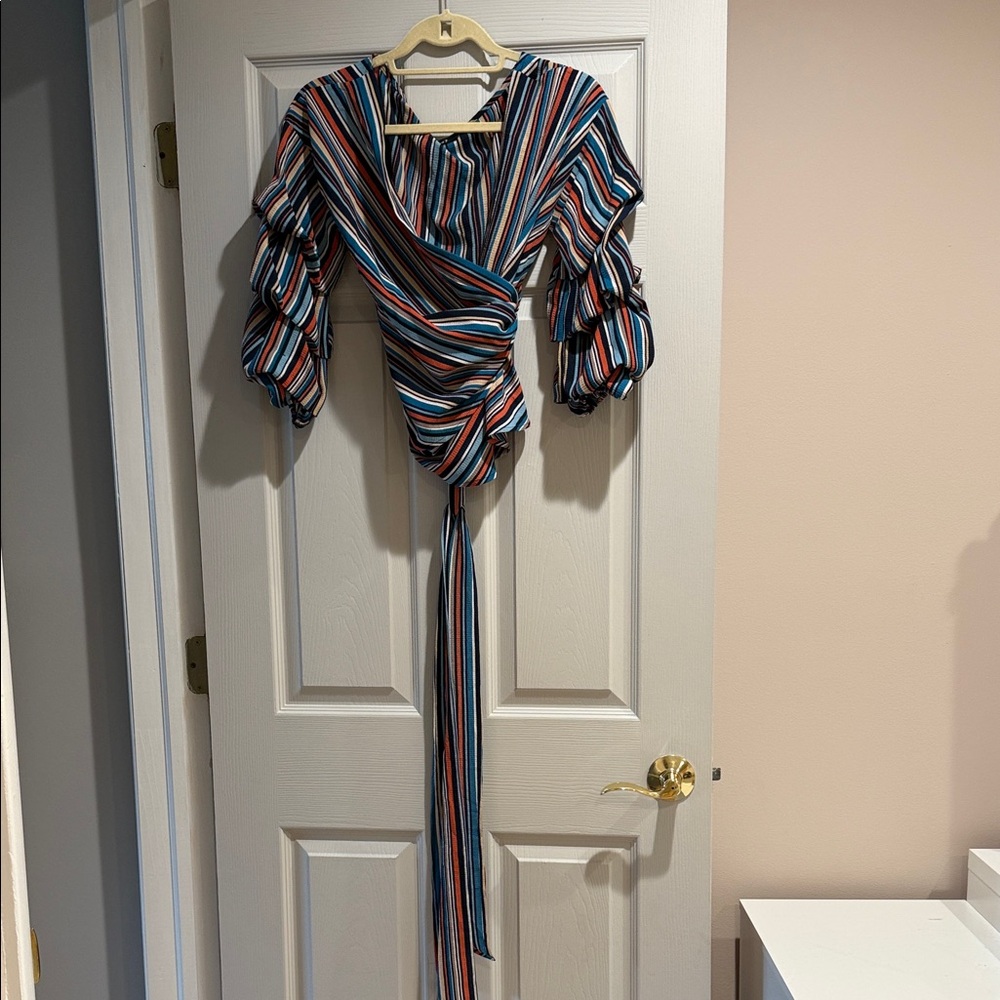 Striped Wrap Blouse with Puff Sleeves
